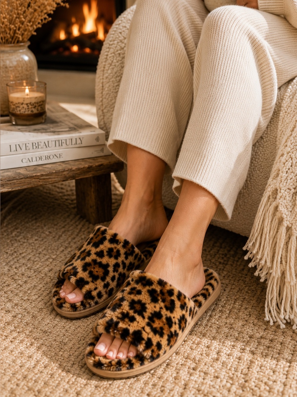 Anthropologie Faux Fur Animal Print Slip-On Open-Toe Cozy Slippers Size …